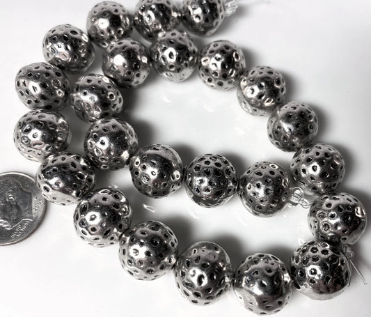 Antiqued Silver Plated Brass Hammered Round Beads, 13mm, 1 Strand (approx. 22-24)