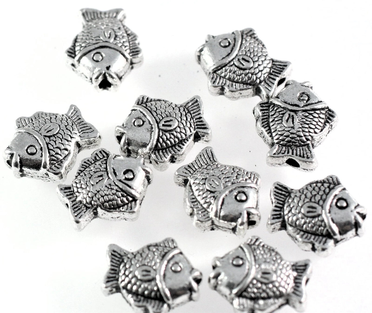 Antiqued Silver Plated Pewter 15x13mm Double Sided Puffed Fish Beads, 10 pcs