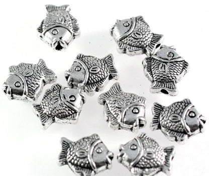 Antiqued Silver Plated Pewter 15x13mm Double Sided Puffed Fish Beads, 10 pcs
