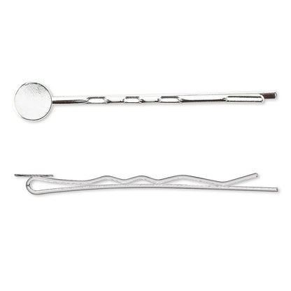 Silver Plated Brass Bobby Pin Hair Clips with Glue-On Pad, 63mm, 12 pcs
