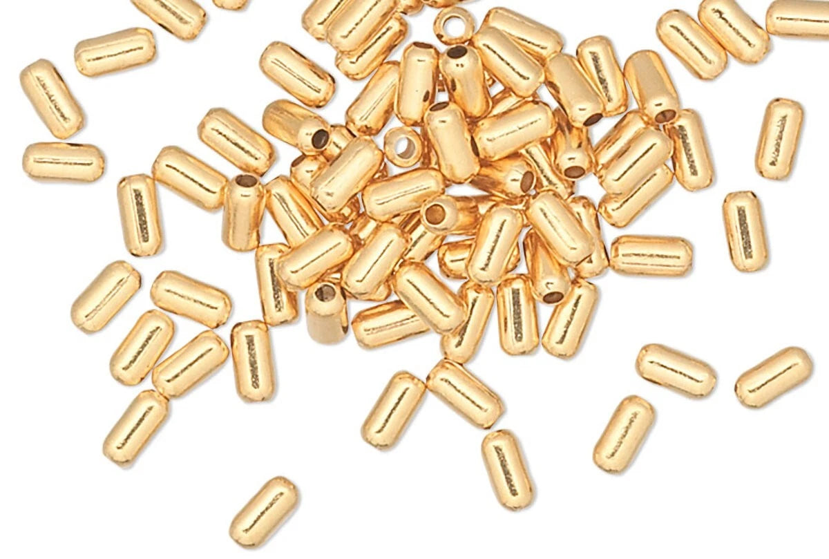 Gold Plated Brass Smooth Tube Capsule Beads, 3x1.5mm, 100 pcs