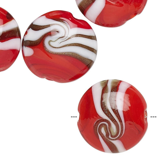 Lampworked Glass Red & White Puffed Flat Round Beads, Copper Swirl, 20mm, 10 pcs