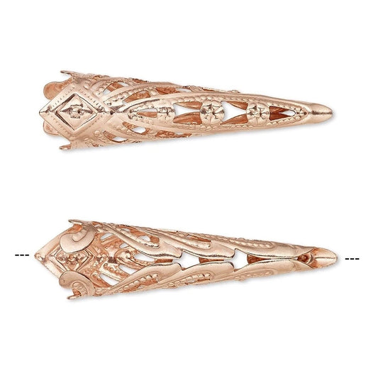 Copper Plated Brass Filigree Cone Bead Caps, 35x9mm, 6 pcs