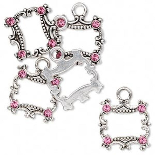 Antiqued Silver Pewter Open Square Drops with Swarovski Rose Crystals, 19x16mm, 5 pcs