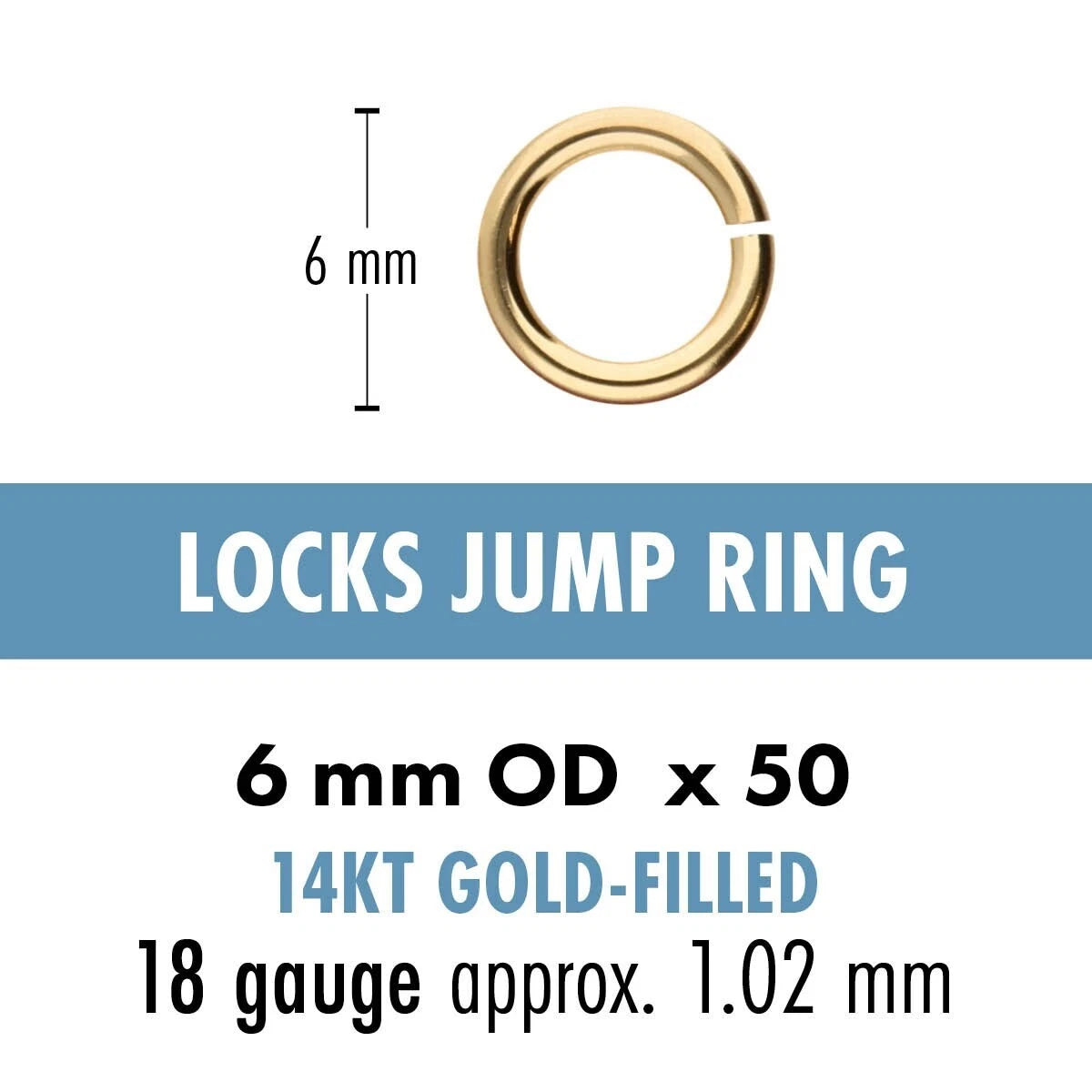 14Kt Gold Filled Round Jumplock Jump Rings, 6mm, 18 Gauge (50)