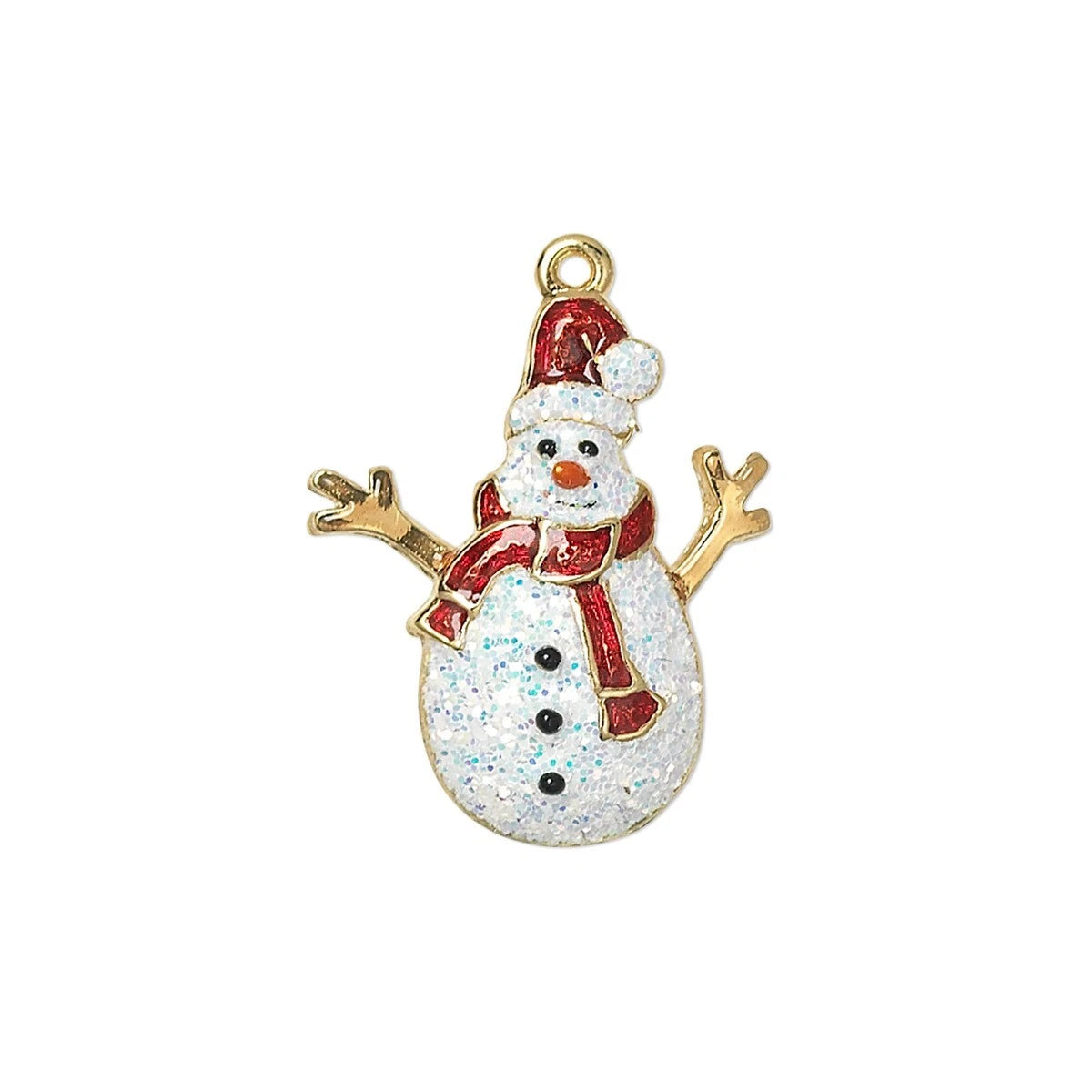 24Kt Gold Plated Pewter Snowman with Santa Hat Charm, 22.5x19mm, Enamel & Glitter