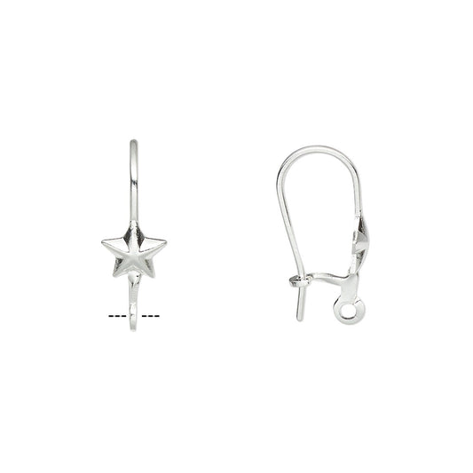 A pair of silver star-shaped drop earrings with fishhook backings, shown on a plain white background.