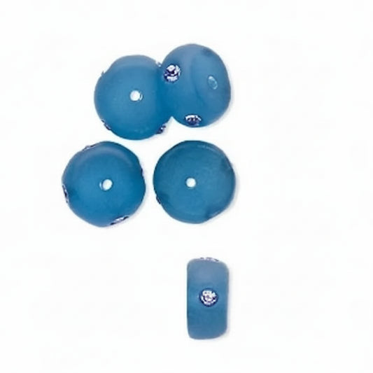 Frosted Dark Blue Resin Rondelle Beads with Swarovski Crystals, 10x5mm, 5 pcs