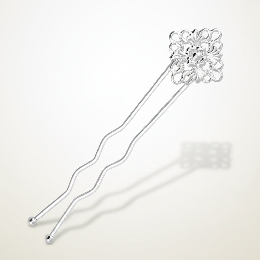 Silver Plated Steel Filigree Hair Twist Pins, 3 inch with 15mm Square Filigree, 6 pcs