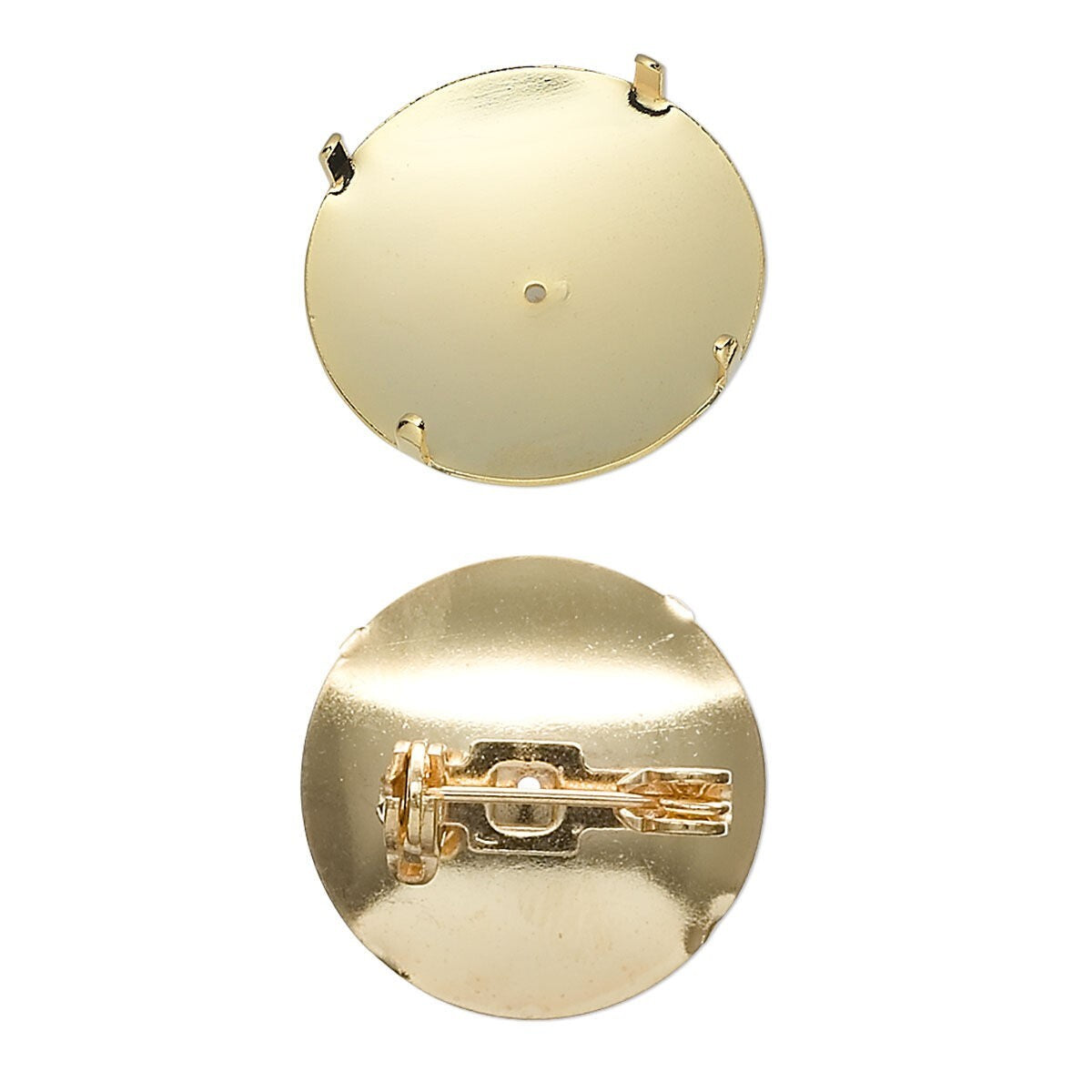 A round gold-tone metal pin back shown from two angles: the top view displays a flat surface with four small prongs, and the bottom view shows the clasp mechanism.