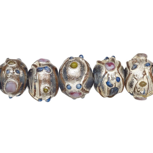 Lampwork Glass Rondelle Beads, Blue with Silver & Gold Foil Accents, 11x13mm, 30 pcs