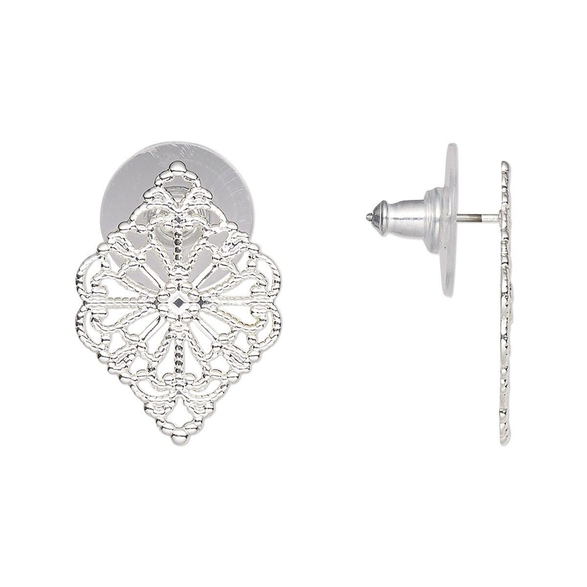 Silver Plated Brass 21x15mm Filigree Diamond Earstuds with Stainless Steel Posts, 1 Pair