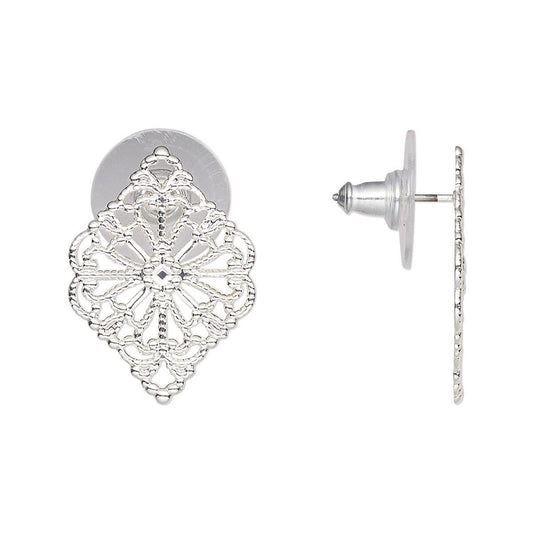 Silver Plated Brass 21x15mm Filigree Diamond Earstuds with Stainless Steel Posts, 1 Pair