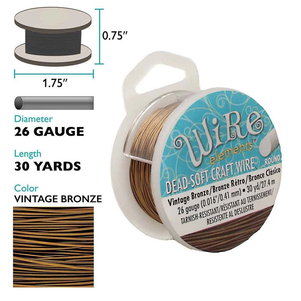 Beadsmith Vintage Bronze Round Wrapping Wire, 26 Gauge (0.40mm), 30 yd