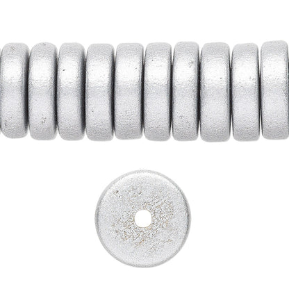 Bead, 8 Inch Strand Wood Metallic Silver 15x4mm Rondelle Disc Beads