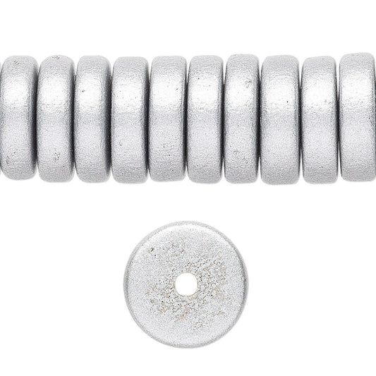 Bead, 8 Inch Strand Wood Metallic Silver 15x4mm Rondelle Disc Beads