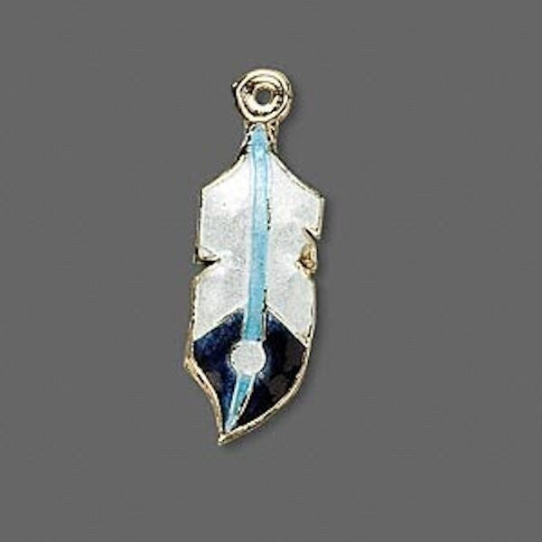White & Turquoise Blue Cloisonné Feather Charms 31x11mm, 2 pcs