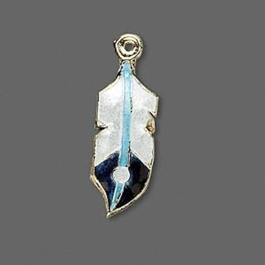 White & Turquoise Blue Cloisonné Feather Charms 31x11mm, 2 pcs