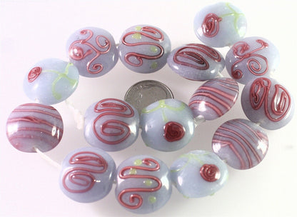 Lampwork Glass Gray & Pink 20x10mm Puffy Coin Beads, 10 pcs