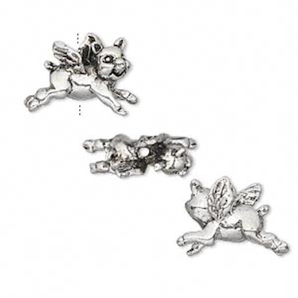 Antiqued Silver Plated Pewter 3D Flying Pig Beads 17x12mm (2 pc)
