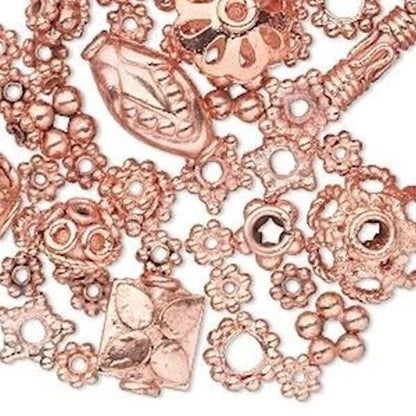 Copper Bead & Bead Cap Design Mix, Assorted Sizes, 50g (60-70 pcs)