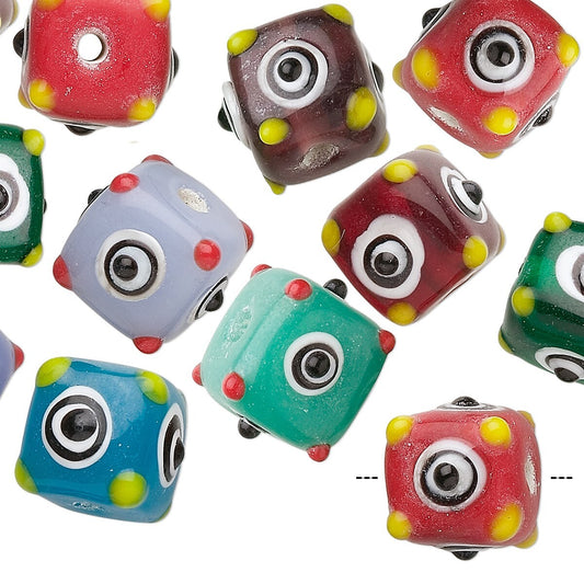 Multicolor Opaque Lampwork Glass Cube Beads with 1.5mm Hole, 10 pcs