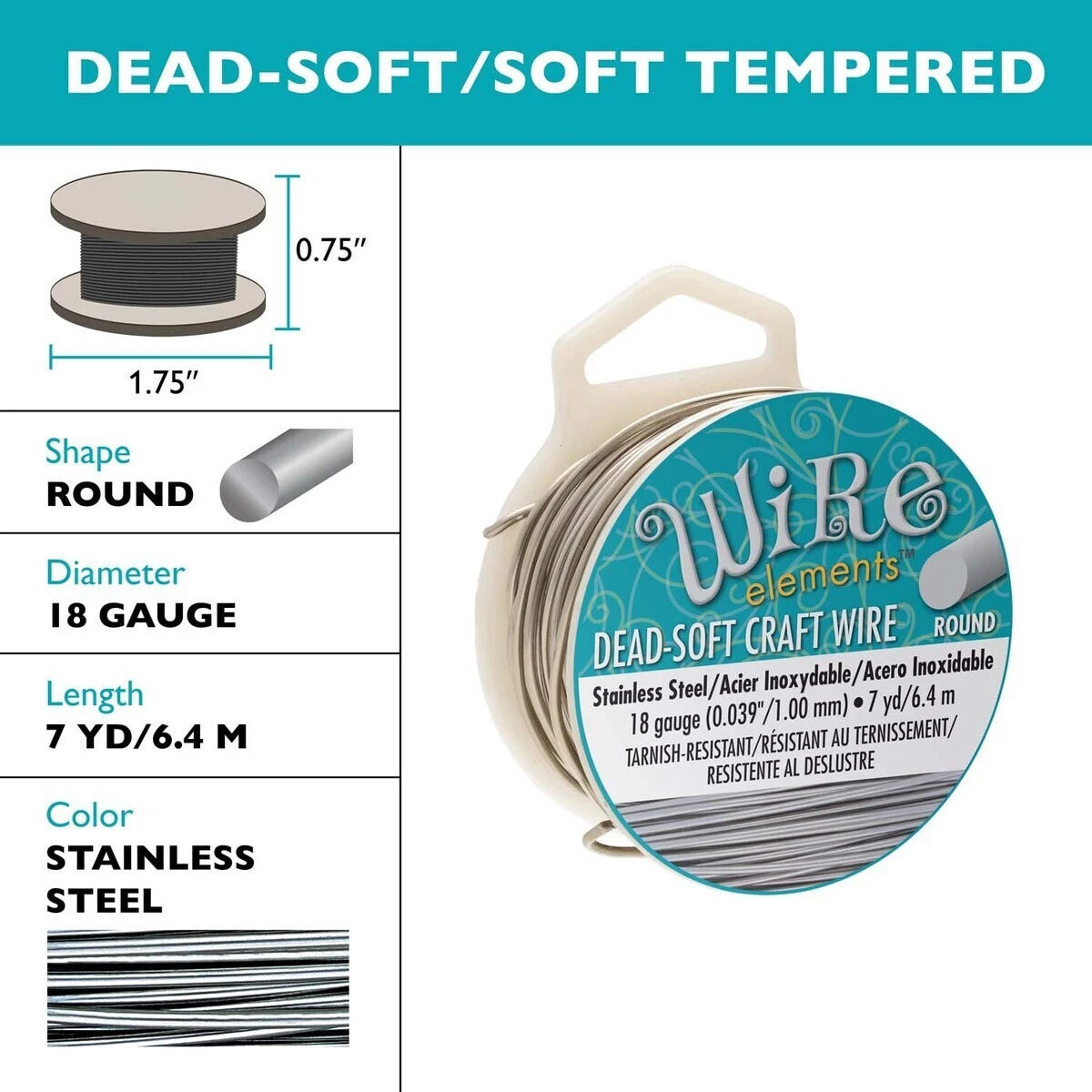 Beadsmith Tarnish Resistant Stainless Steel Round Wire, 18 Gauge (1.02mm), 7 Yards