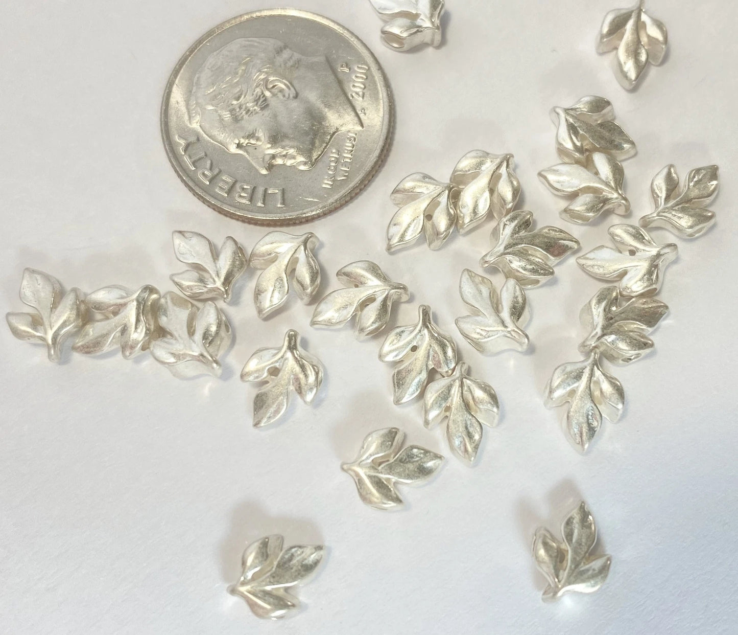 Matte Silver Plated Pewter Double-Sided Leaf Beads, 8x5mm, 24 pcs