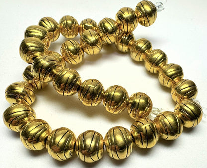 Beads, Antiqued Gold Plated Brass, Round Line Design, 9mm, 30 pcs