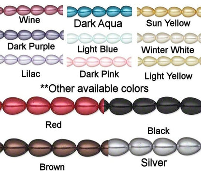 A color options chart showing strands of faceted oval beads in multiple colors, labeled with names such as Wine, Dark Aqua, Sun Yellow, Light Blue, Winter White, Lilac, Dark Pink, Red, Black, Brown, and Silver on a white background.