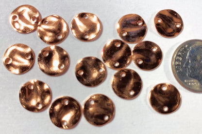 Copper Plated Hammered Round Disc 2-Hole Connectors, 10mm, 12 pcs