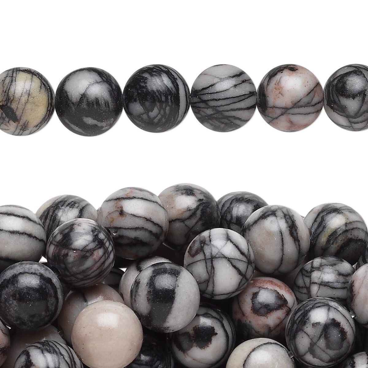 Beads, Black Silk Stone (Natural) C Grade 8mm Round, 1 Strand (approx. 50 pcs)