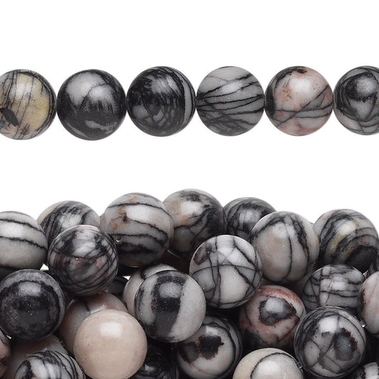 Beads, Black Silk Stone (Natural) C Grade 8mm Round, 1 Strand (approx. 50 pcs)