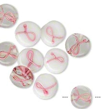 Lampwork Glass Pink Ribbon Breast Cancer Awareness 10mm Flat Coin Beads, 12 pcs