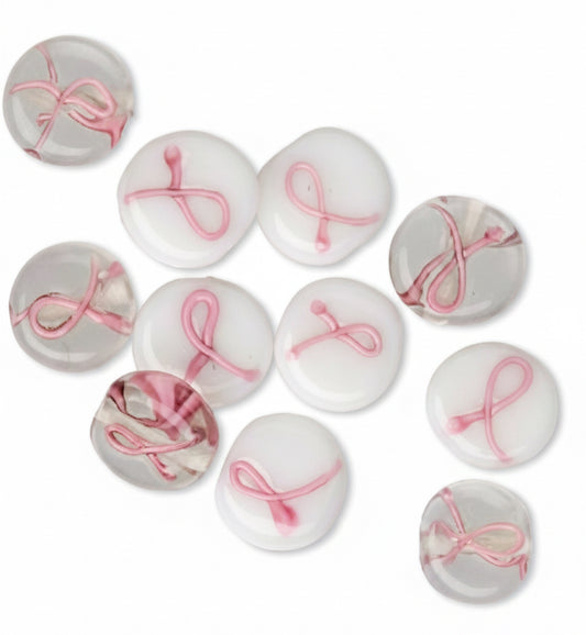 Lampwork Glass Pink Ribbon Breast Cancer Awareness 10mm Flat Coin Beads, 12 pcs