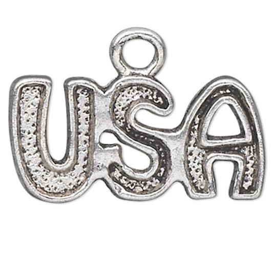 Silver 'USA' charm on a white background