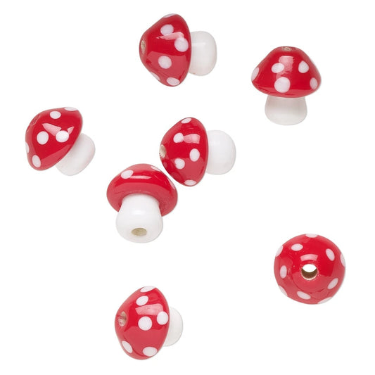 Lampwork Glass Mushroom Toadstool Beads, White & Red, 8 pcs