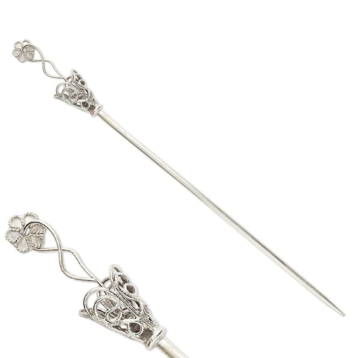 Silver Plated Pewter Hair Sticks with Cone & Flower Dangle, 5.5 inch, 1 Pair