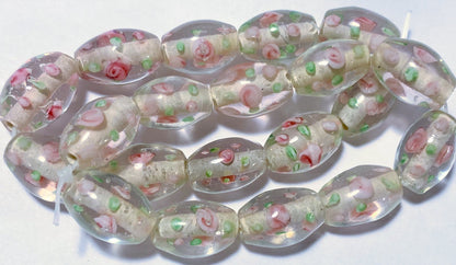 Lampwork Glass 14x11mm Oval Beads, Clear, Green & Pink Flower, 10 pcs
