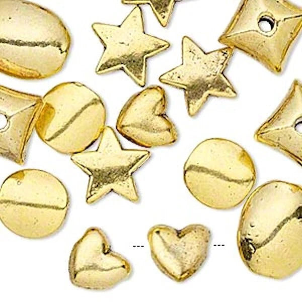 Antiqued Gold Plated Pewter Mixed Shape Bead Mix, Assorted, 25 pcs