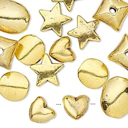 Antiqued Gold Plated Pewter Mixed Shape Bead Mix, Assorted, 25 pcs