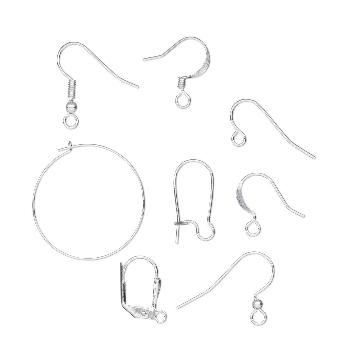 A set of silver-colored metal ear wire findings and earring hooks arranged on a plain white background.