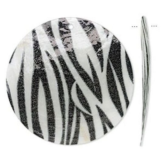 Capiz Shell Black & White Zebra Round Drop Charms, 50mm, 2 pcs