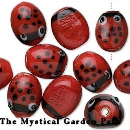 Lampwork Glass Red & Black Ladybug 14x13mm Beads, 10 pcs