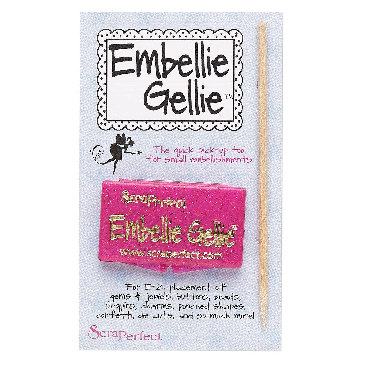 Pink embellishment tool with 'Embellie Gellie' branding on a white background