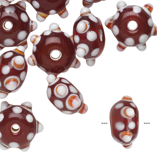 Lampwork Glass Red & White 13x9mm Dotted Bumpy Rondelle Beads, 10 pcs