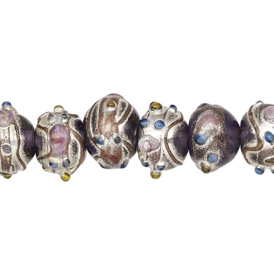 Lampwork Glass Rondelle Beads, Purple with Metallic Accent, 30 pcs