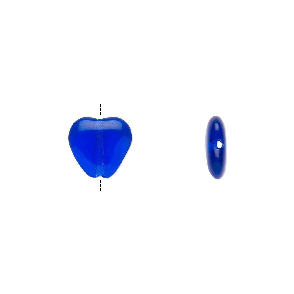 Two blue glass beads shown on a plain white background, one heart-shaped bead with a vertical dashed measurement guide and one oval bead shown from the side.