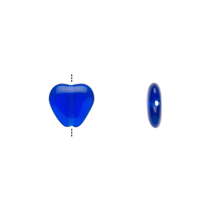 Two blue glass beads shown on a plain white background, one heart-shaped bead with a vertical dashed measurement guide and one oval bead shown from the side.