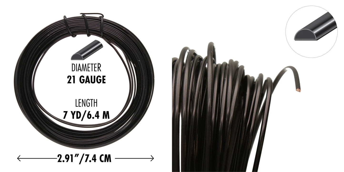 Black Half Round Non-Tarnish Copper Wire, 21 Gauge (0.72mm), 7 Yards